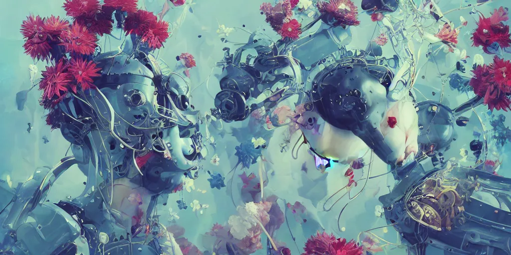 Image similar to surreal gouache painting, by yoshitaka amano, by ruan jia, by conrad roset, by kilian eng, wide angle, by good smile company, detailed anime 3 d render of a mechanical android head with flowers growing out, portrait, cgsociety, artstation, modular patterned mechanical costume and headpiece, retrowave atmosphere