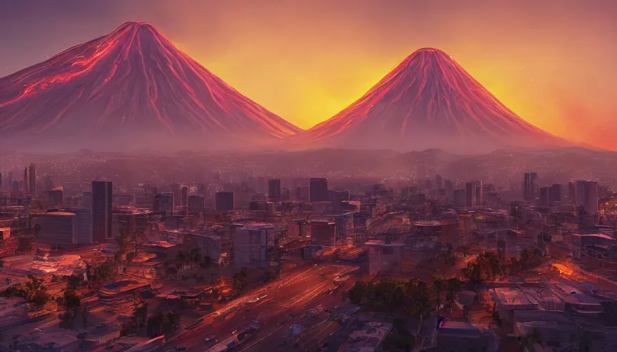 Image similar to giant volcano in center los angeles with buildings under construction around it, view from the river, sunset, sunlight, hyperdetailed, artstation, cgsociety, 8 k