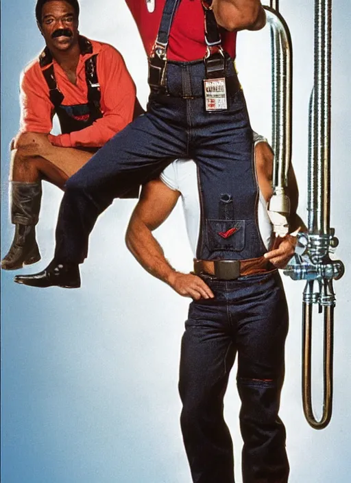 Image similar to an 8 0's john alvin action movie poster starring eddie murphy face as a plumber to rich people. bathroom. overalls. tool belt. the movie is called beverly hills crap