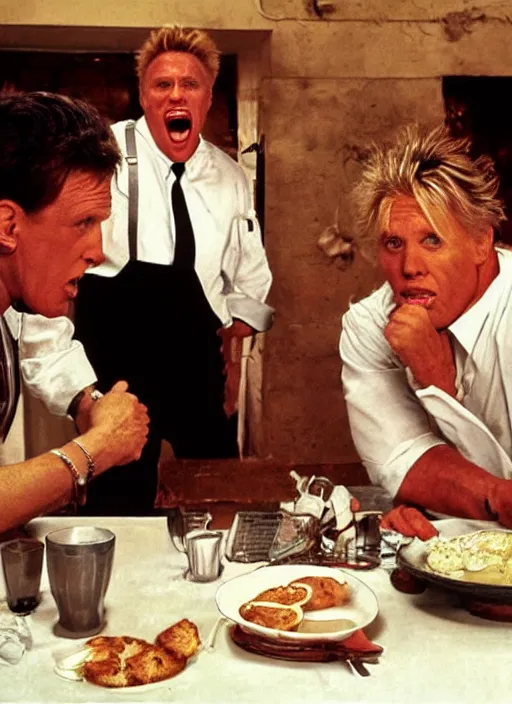 Image similar to gary busey is presented with the worst kind of food in a cafe and vows to eat the chef, by rick berry and norman rockwell