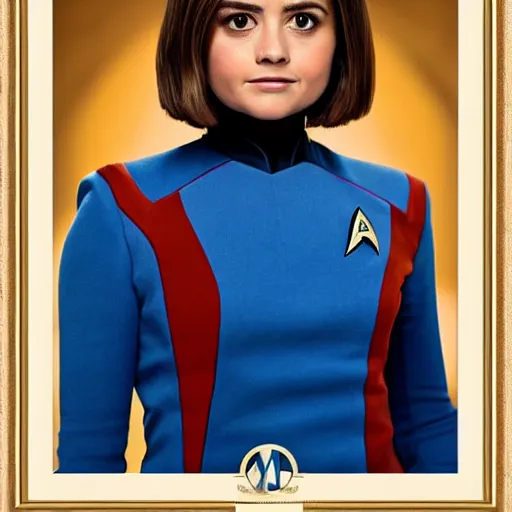 Prompt: a beautiful full body photograph of jenna coleman as a star fleet science officer from star trek next generation, full dress uniform, symmetrical face, extreme realism and detail, 8 k, completely framed, direct lighting, 3 5 mm photo, photorealistic, sharp focus