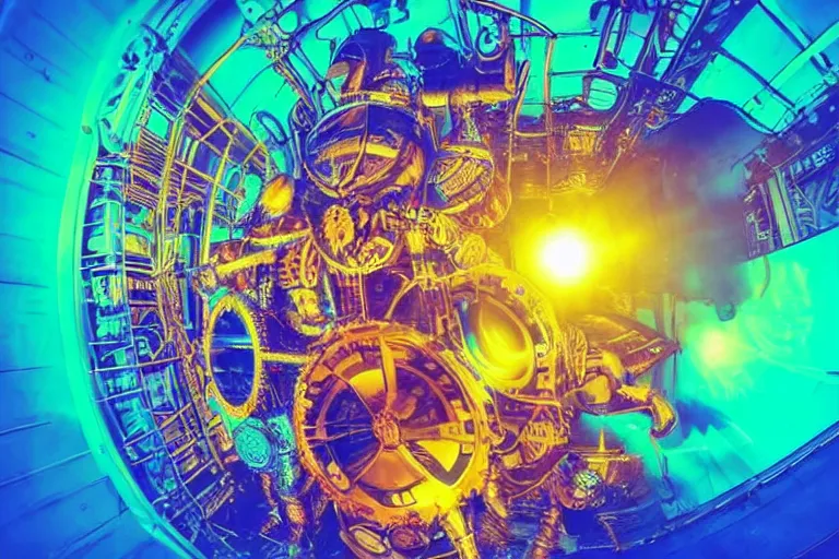 Image similar to scene is elrow party in space in ibiza, portrait photo of a giant huge golden and blue metal steampunk robot, with gears and tubes, eyes are glowing red lightbulbs, shiny crisp finish, 3 d render, 8 k, insaneley detailed, fluorescent colors, haluzinogetic, background is multicolored lasershow