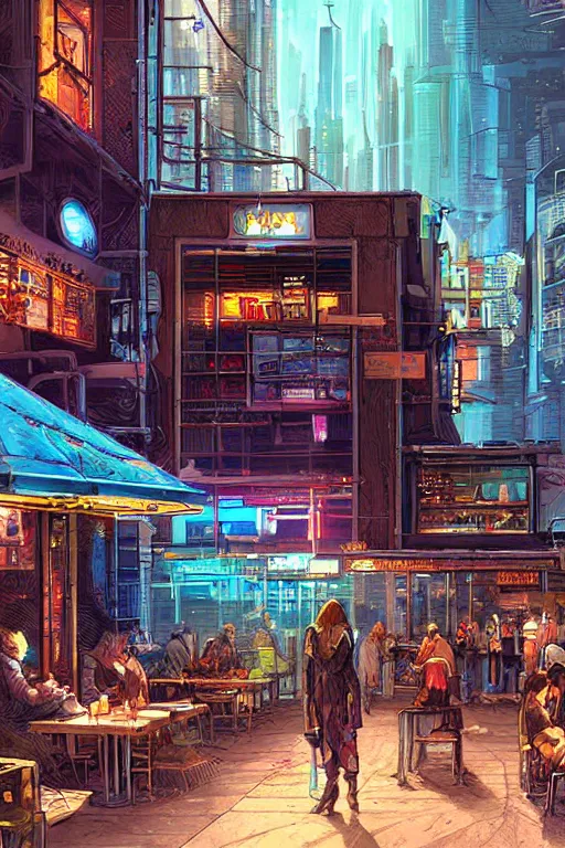 Image similar to beautiful digital art of cyberpunk cafe by james gurney