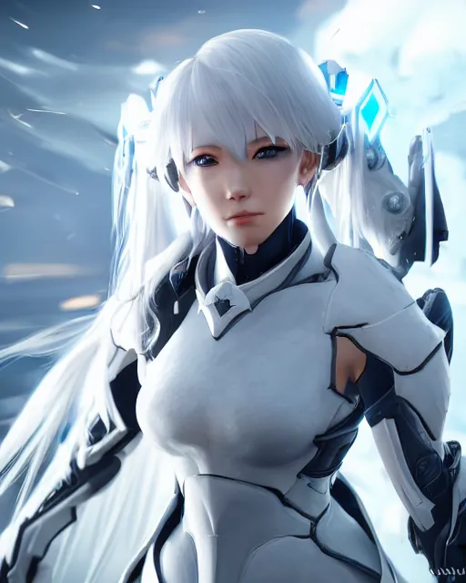 Image similar to perfect white haired girl, warframe armor, beautiful, dreamy, half asian, pretty face, blue eyes, detailed, sunny day, scifi platform, front lit, laboratory, experiment, 4 k, ultra realistic, epic lighting, cinematic, high detail, masterpiece, by masayoshi tanaka, akihiko yoshida, kazuya takahashi