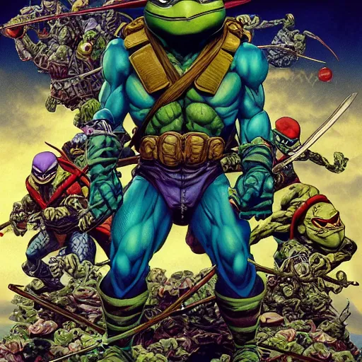 Image similar to portrait of crazy teenage mutant ninja turtle, symmetrical, by yoichi hatakenaka, masamune shirow, josan gonzales and dan mumford, ayami kojima, takato yamamoto, barclay shaw, karol bak, yukito kishiro