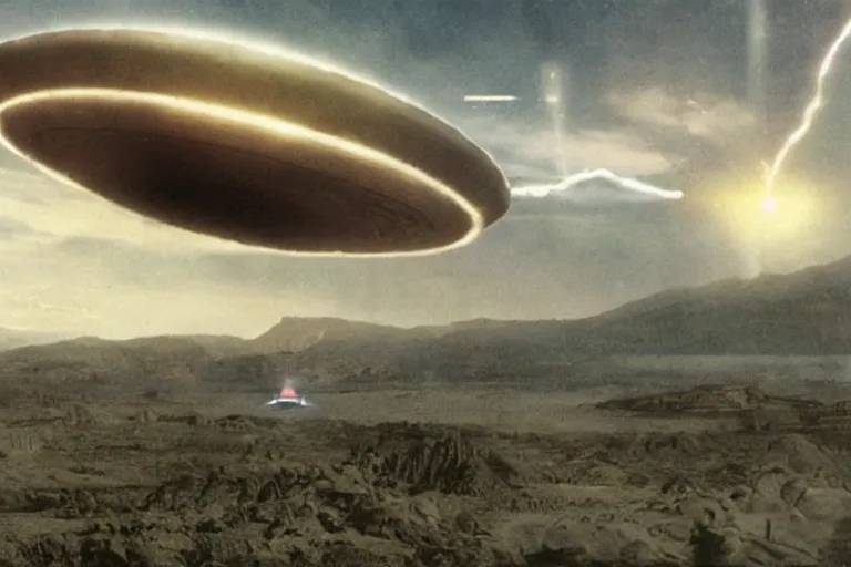 Image similar to matte painting of an alien invasion with a giant ufo entering the atmosphere seen from the surface of the earth