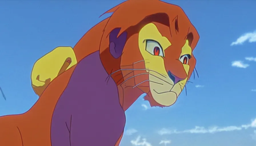 Image similar to simba from the lion king standing in tokyo - 3 in a long shot still from the anime neon genesis evangelion, 4 k, neon genesis evangelion official media, high quality, hideaki anno anime