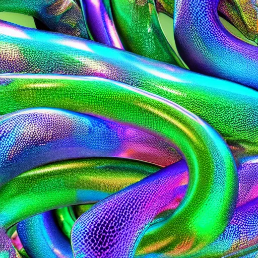 Image similar to highly textured iridescent-pearlescent-snakes wrapped around each other, 3D, digital art, octane render, blender cycles, photorealistic, 4k-ultra-hd, high dynamic range, seamless texture