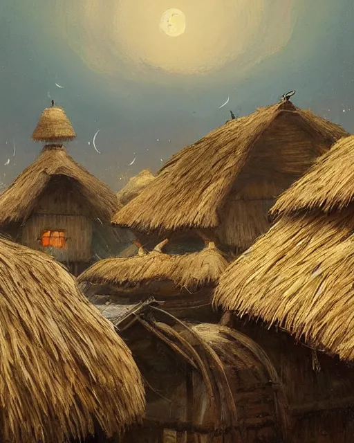 Prompt: Painting by Greg Rutkowski, a big ceramic jug with a gold ornament flies high in the night sky above a small village with built-up huts under thatched roofs