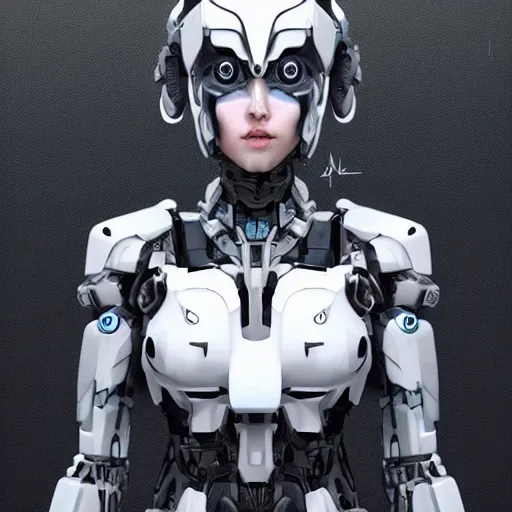 Image similar to a female transformer with glowin white eyes, very symmetrical face, highly detailed, nanogirl, nanogirlv 2, by vitaly bulgarov, by yoji shinkawa, by joss nizzi, by ben procter, metal gear solid, transformers cinematic universe, deviantart, artstation, unreal engine