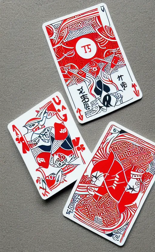 Image similar to poker game card design, simple, modern style, solid colors, japanese crane bird in center, pines symbol in the corners, vivid contrasts, designed by junior cards, kickstarter