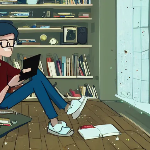 Prompt: a skinny computer nerd guy sitting on the floor of his room, crossed legs, laptop, smartphone, video games, tv, books, potions, jars, shelves, knick knacks, tranquil, calm, sparkles in the air, magic aesthetic, fantasy aesthetic, faded effect, illustration, digital illustration, detailed, highly detailed, 4K