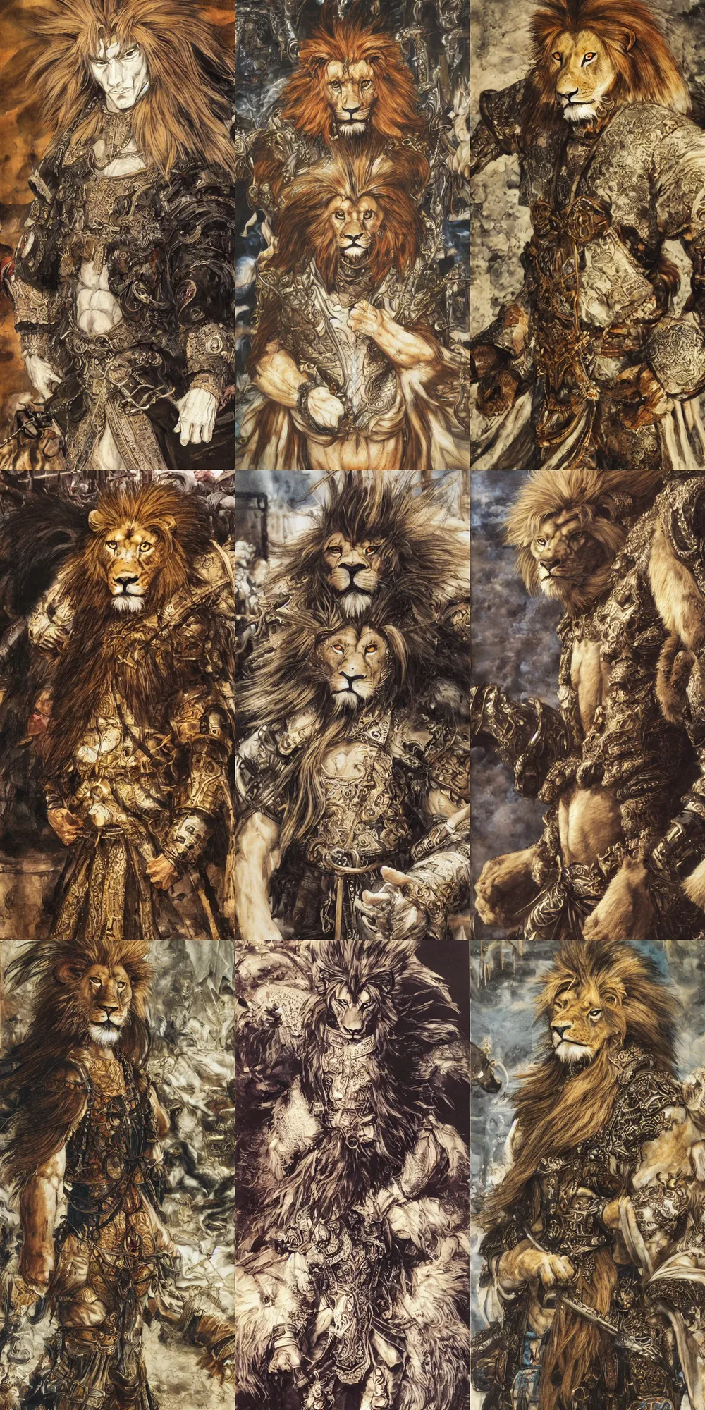 Image similar to 8 k yoshitaka amano painting of upper body of a young cool looking lion beastman with white mane at a medieval market at windy day. depth of field. he is wearing complex fantasy clothing. he has huge paws. renaissance style lighting.