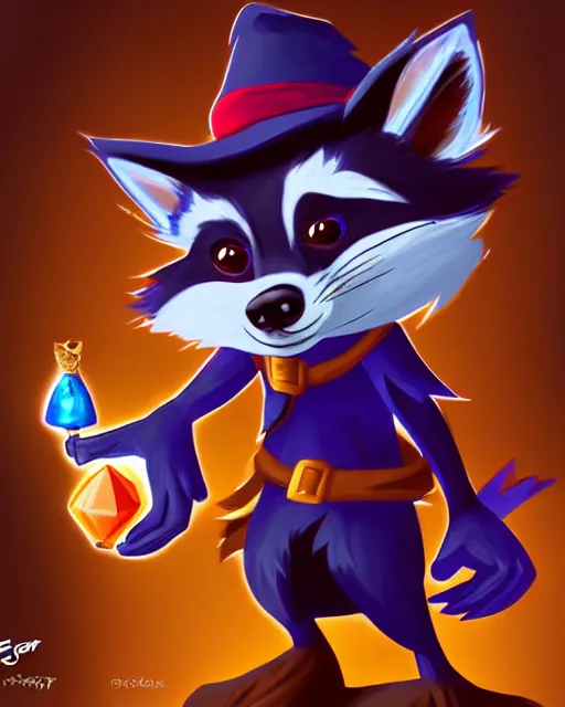 Image similar to highly detailed digital illustration portrait of sorcerer sly cooper raccoon holding a magical glowing gemstone in a crystal cave, action pose, d & d, magic the gathering, criag mullins, artgerm, wlop, disney, pixar,