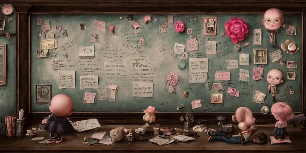 Prompt: a blackboard full of notes like a detective case, nicoletta ceccoli, mark ryden, lostfish, max fleischer, detailed and intricate environment, bloom, 8 k resolution, hyperrealistic, octane render, vivid colors, bright, cheerful, detailed and intricate environment