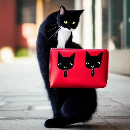 Image similar to black cat, in a red bag, playful, realistic, cute, photo quality, well lit