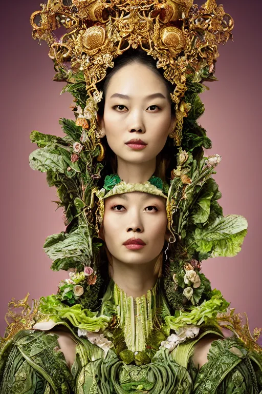 Image similar to a beautiful empress portrait, with a brilliant, impossible striking big salad headpiece, clothes entirely made out of salad, everything salad, symmetrical, dramatic studio lighting, rococo, baroque, greens, asian, hyperrealism, closeup, D&D, fantasy, intricate, elegant, highly detailed, digital painting, artstation, octane render, 8k, concept art, matte, sharp focus, illustration, art by Artgerm and Greg Rutkowski and Alphonse Mucha