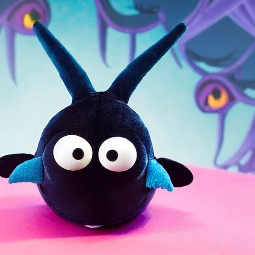 Image similar to a chibi plush goth mantaray muppet, in the style of the muppets, with character design by spongebob the musical on broadway, real, photograph, cinematic