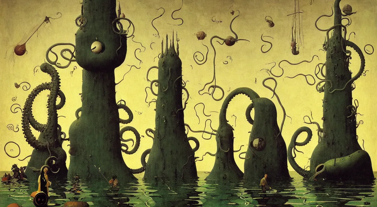 Image similar to single flooded simple!! tentacle gourd tower anatomy, very coherent and colorful high contrast masterpiece by norman rockwell franz sedlacek hieronymus bosch dean ellis simon stalenhag rene magritte gediminas pranckevicius, dark shadows, sunny day, hard lighting