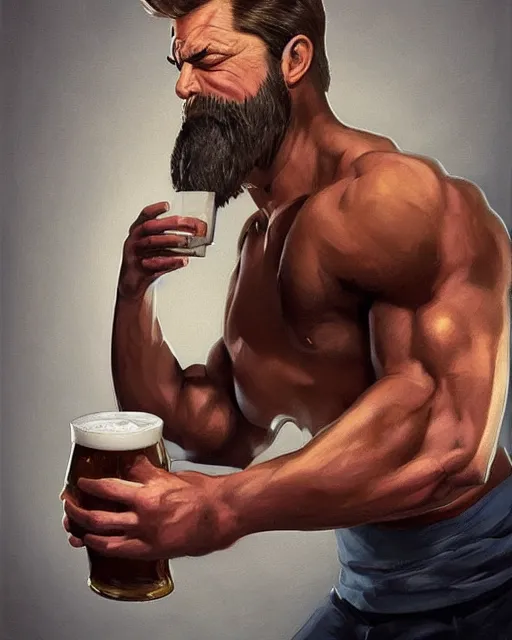 Image similar to gigachad ron swanson bodybuilder holding a pint of beer in final fight kitchen by ilya kuvshinov, ernest khalimov body by krista sudmalis, fantasy character portrait, ultra realistic, concept art, intricate details, elegent, digital painting, smooth, sharp focus, illustration, art by artgerm and greg rutkowski and alphonse mucha, artstation