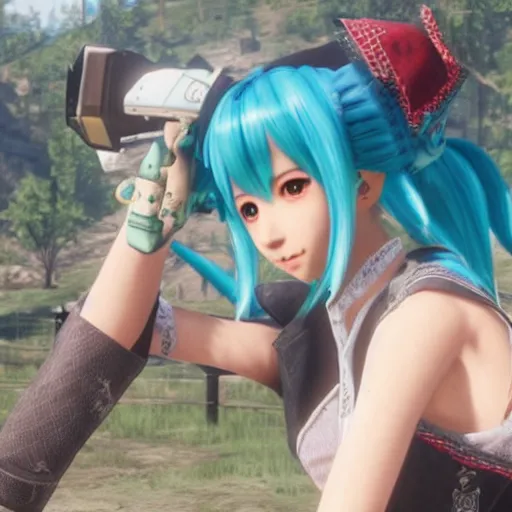 Image similar to hatsune miku in red dead redemption 2