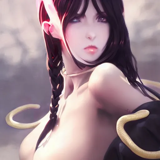 Prompt: an anime girl wtih black demon horns and snake tails,full body,by ruan jia and Ilya Kuvshinov and Greg Rutkowski,super clear detailed,hyper realistic,trending on artstation,4k