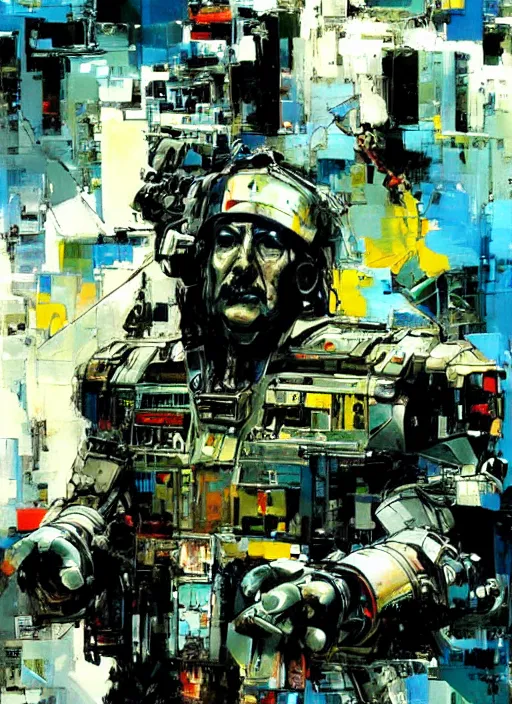 Prompt: cyborg pinochet painting by john berkey and yoji shinkawa