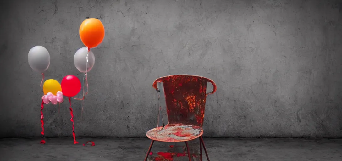 Image similar to a rusty steel chair with a smiling clown sitting on it, 4K, dark, horror, balloons,