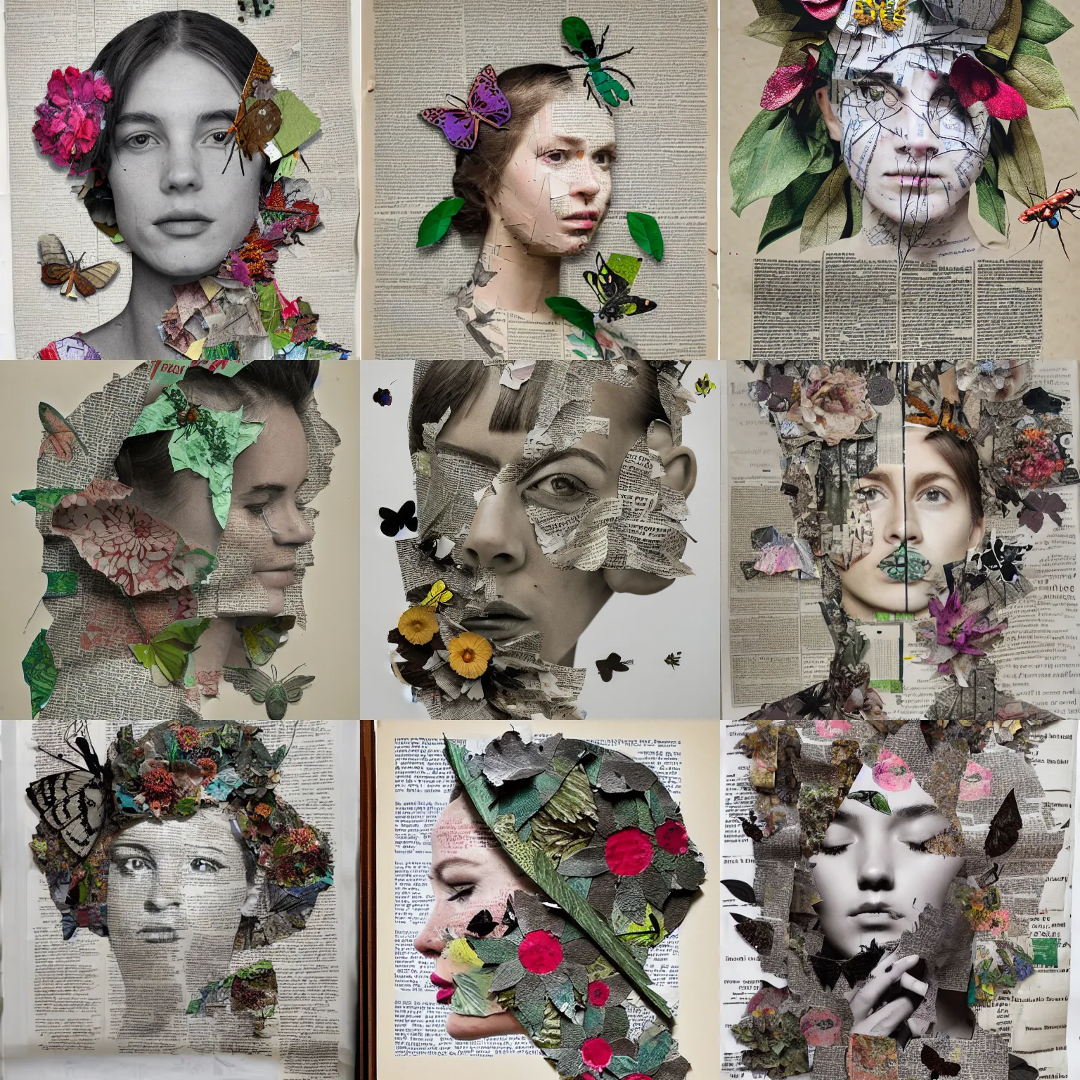 Prompt: blendered cut outs of florals and insects sticking on top of partly hidden desaturated female face by hopper, ink en pen intricate foliage filling the page up, ripped newspaper cuts taped on top of each other, used tape, mixed media, hyperrealistic, unreal engine