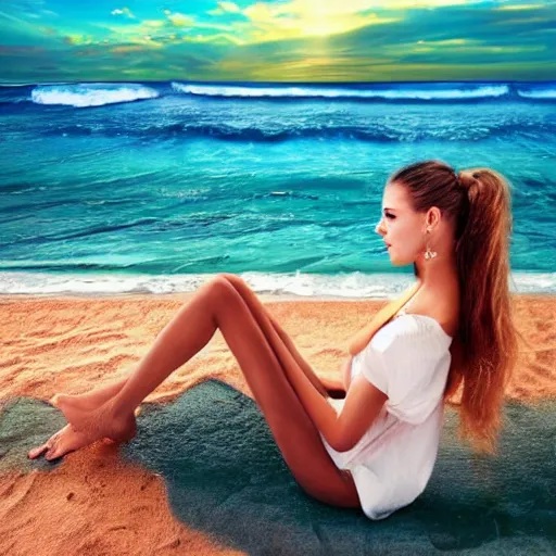 Image similar to fantastic plastic beachfront coffee sound great sunset ponytail, soft detailed, mysterious atmosphere