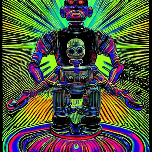 Image similar to a black tshirt with a hyperdetailed portrait of a meditating steampunk robot by robert crumb, 8 k, symetrical, flourescent colors, happy trippy mood, multicolored,