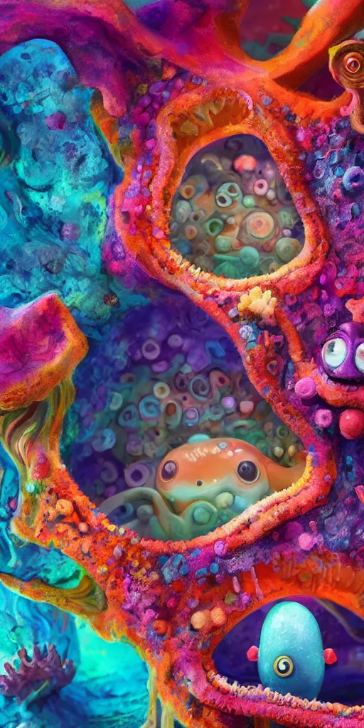 Image similar to of a colorful deep sea cave with strange cute friendly happy creatures with huge eyes, mouth, long tongue and round teeth appearing from sandy coral, in the style of gehry and gaudi, macro lens, shallow depth of field, ultra detailed, digital painting, trending artstation, concept art, illustration, cinematic lighting, photorealism, epic, octane render