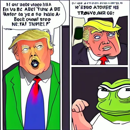 Image similar to pepe the frog having a talk with Donald Trump, ultra realistic