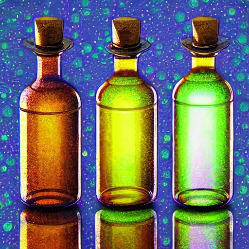 Prompt: Library with multiverses in dusty glass bottles. God breaks the bottle. Digital art. Super detail, 4k, wow, artsition trending