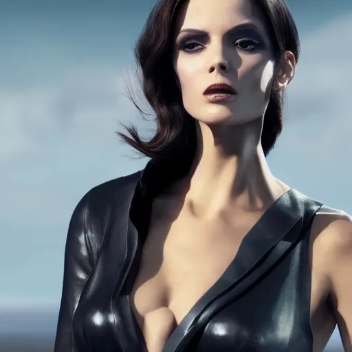 Image similar to Valery Kaufman as a Bond Girl in a James Bond movie still 2010s cinematic, Makeup by Pat McGrath, Greg rutkowski, highly detailed, in the style of cinematic