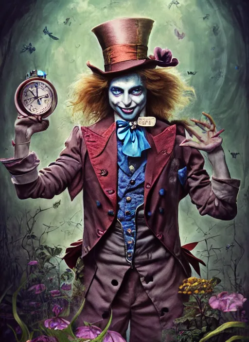 Image similar to alice in wonderland mad hatter the magician tarot card, highly detailed, cinematic, 8 k, by stanley artgermm, tom bagshaw, greg rutkowski, carne griffiths, ayami kojima, beksinski, giger, trending on deviantart, hyper detailed, horror, full of colour