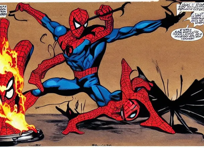 Image similar to comic art of spider - man slicing batman in half with a flaming battle axe by salvador dali and hiyao miyazaki