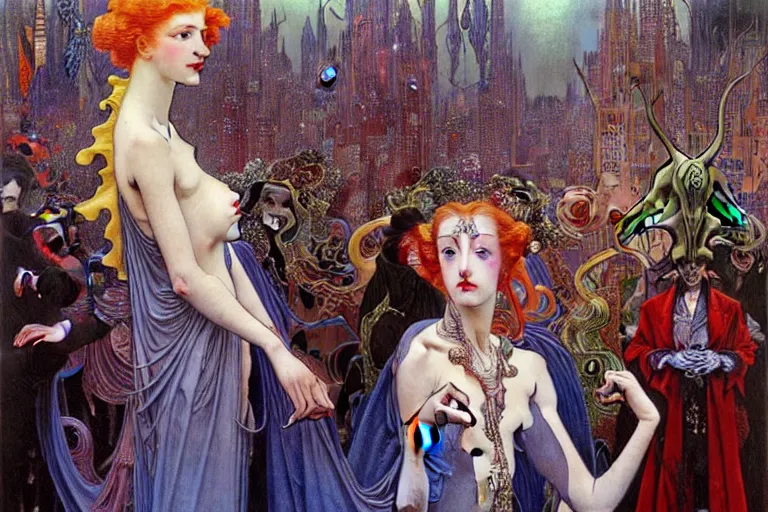 Prompt: realistic extremely detailed portrait painting of an elegant vampire in a crowded futuristic street, detailed alien crowd in the background by Jean Delville, Amano, Yves Tanguy, Alphonse Mucha, Mark Brooks, Ernst Haeckel, Edward Robert Hughes, Roger Dean, rich moody colours, blue eyes