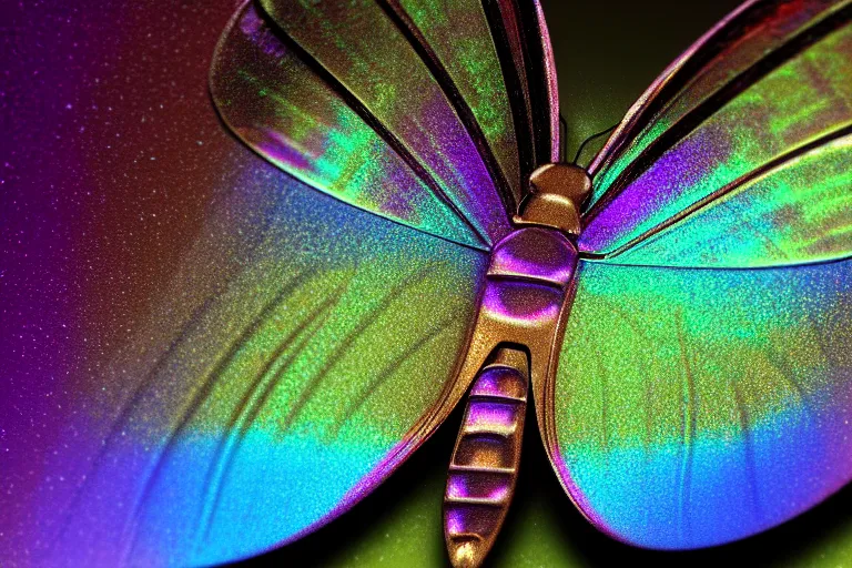 Prompt: iridescent butterfly wing, macro photography, by Thomas Kincade, Richard Sigamani, 8k photorealistic, HD, high details, concept art, trending on artstation