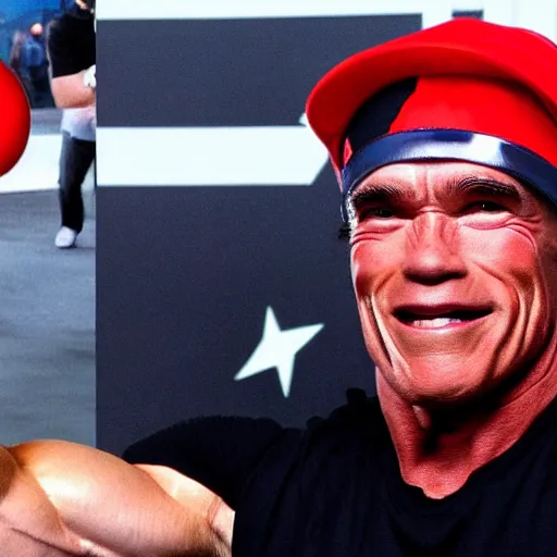 Prompt: Arnold Schwarzenegger dressed up as Ash Ketchum, sceme from the film Pokemon Terminator Trainer