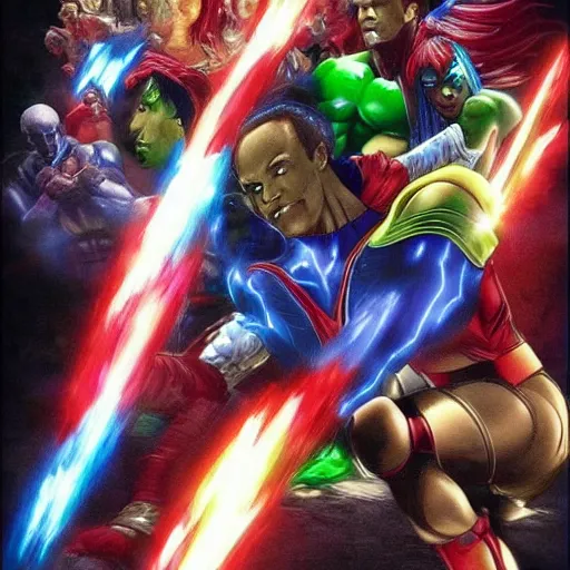 Image similar to epic scene hyper realistic version of captain planet, earth, wind, fire, love, light, fight, live action, awesome,