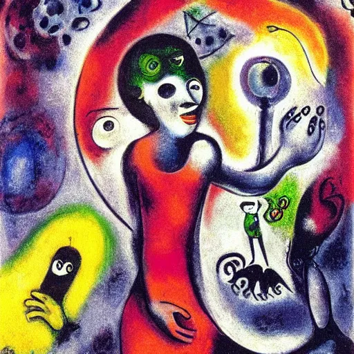 Prompt: A body art. A rip in spacetime. Did this device in her hand open a portal to another dimension or reality?! Monster by Mistake by Marcell Chagall intuitive