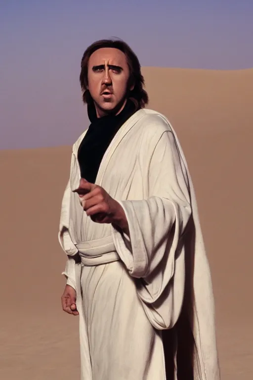 Prompt: A portrait photograph of Nicolas Cage as Luke Skywalker, wearing a white robe, in the dunes of Tatooine, award winning, by Annie Liebowitz