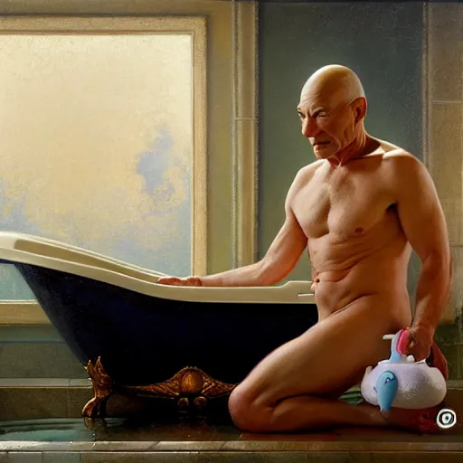 Image similar to fully clothed patrick stewart in a bathtub with a rubber duck, highly detailed painting by gaston bussiere, j. c. leyendecker, greg rutkowski, craig mullins 8 k