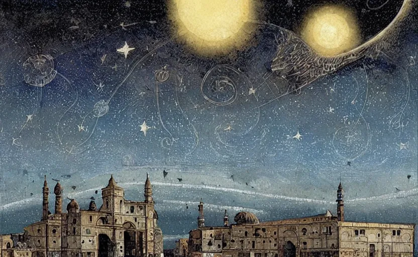 Image similar to buildings, stars and paisley filled sky, artstation, intricate, highly detailed, digital painting, concept art, sharp focus, illustration by Enki Bilal and Piero della Francesca