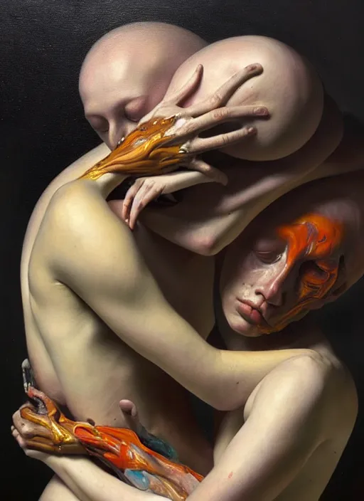 Prompt: a strange, biomorphic painting of two humanoid figures entwined, in the style of jenny saville, in the style of charlie immer, part by gerhard richter, highly detailed, dramatic, emotionally evoking, head in focus, volumetric lighting, oil painting, timeless disturbing masterpiece, octane render