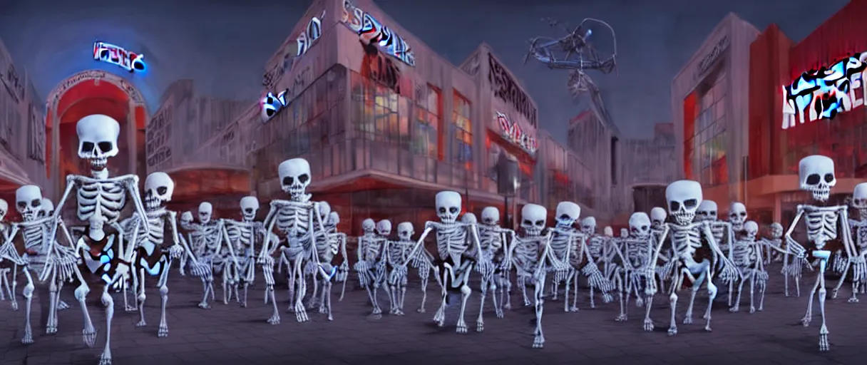 Prompt: hyperrealistic supercute skeleton army mall in background ute osterwald jason limon professional concept art dramatic blue lighting wide angle hd 8k sharp shallow depth of field