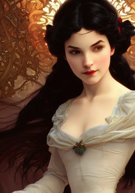 Prompt: snow white, intricate, elegant, highly detailed, digital painting, artstation, concept art, smooth, sharp focus, illustration, art by artgerm and greg rutkowski and alphonse mucha and william - adolphe bouguereau