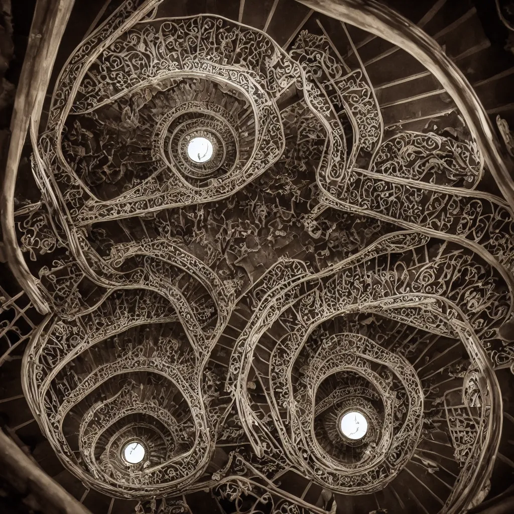 Image similar to movie still, grand spiral staircase going down deep in a dark hole, baroque, by gaudi, dramatic volumetric cinematic light, chiaroscuro, leica, high quality, high detailed, detailed patterns pop art