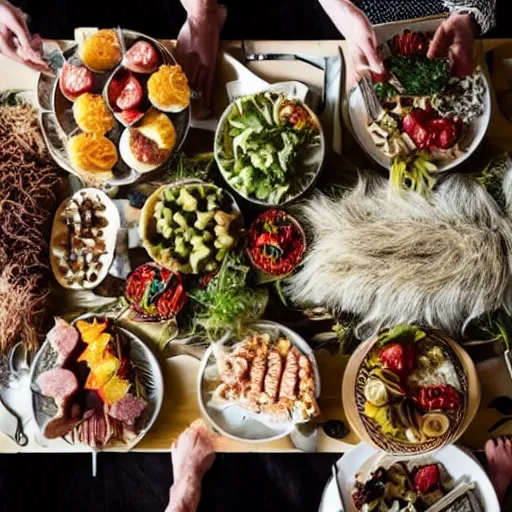 Image similar to a banquet table filled with food made out of hair and fur